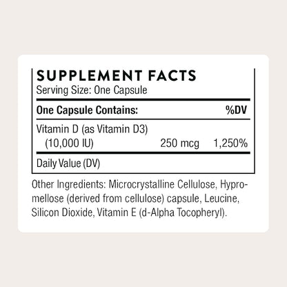 THORNE - Vitamin D-10,000 - Vitamin D3 Supplement - Supports Healthy Bones, Teeth & Muscles, Plus Cardiovascular & Immune Function* - Third-Party Certified - Gluten, Dairy & Soy-Free - 60 Capsules