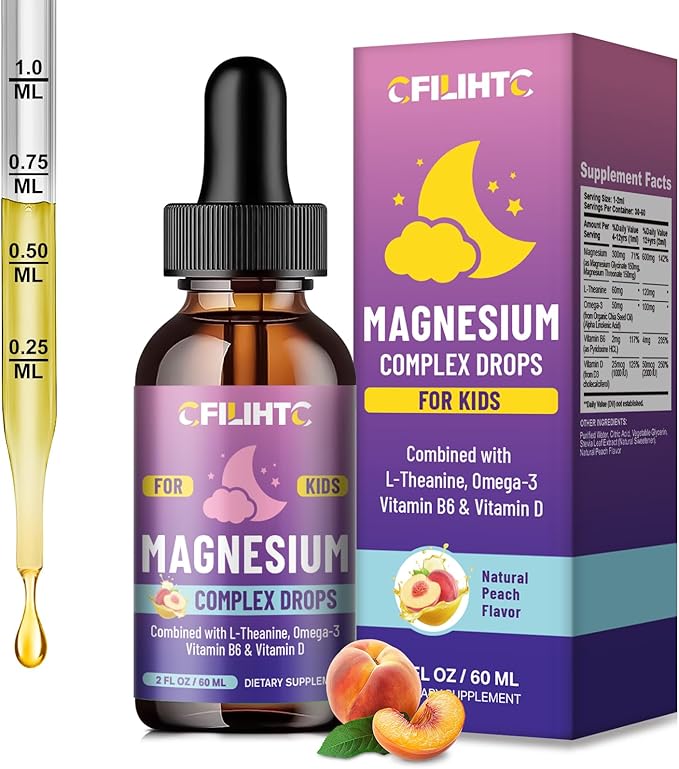 Kids Magnesium Liquid Drops-Magnesium Glycinate Liquid for Kids Supplement-w/L-theanine, Omega-3, Vitamin B6, D3 - for Sleep, Relaxation, Brain, Bones - Peach Flavor, 2 Fl Oz