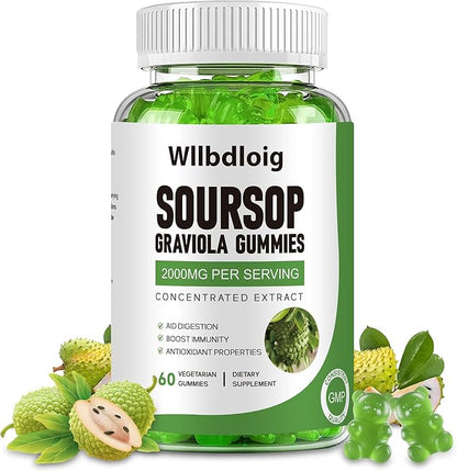 Soursop Graviola Gummies Soursop Leaves Extract- Natural Sour SOP Gummy w/Zinc & Vitamin C-Supports Immunity,Antioxidant,Liver & Digestive,Gluten Free,Vegan,60 Gummies