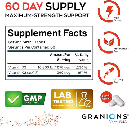 Granions Max Strength Vitamin D3 K2 Supplement - 250mcg (10,000 IU) D3 + 200mcg Vitamin K2 (MK-7) - Vitamins for Bone Health, Immune Support Supplements VIT K2D3-2 Month, 60 Tablets