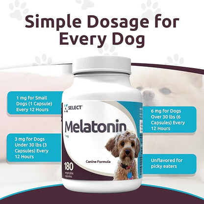 K9 Select Melatonin for Dogs - Calming Aid Tasty Dog Supplement - Helps Overall Health with Quiet Moments and Composure - Reduce Stress Calming Treats for Small Dogs - 1 mg, 180 Vegetable Capsules