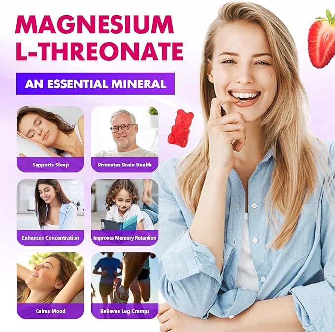 1000mg Magnesium L-Threonate Gummies for Kids & Adults - Muscle & Nervous System Support, Vegan, Sugar-Free Strawberry Flavor, 60 Gummies
