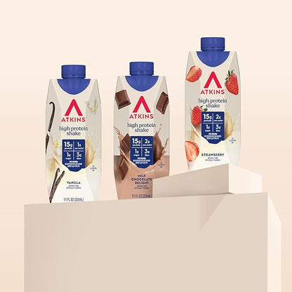 Atkins Best Sellers Protein Shake Variety Pack, Strawberry, Vanilla and Milk Chocolate Flavored Protein Shakes, 15g Protein, 3g Fiber, GLP-1 Friendly, 12 Count
