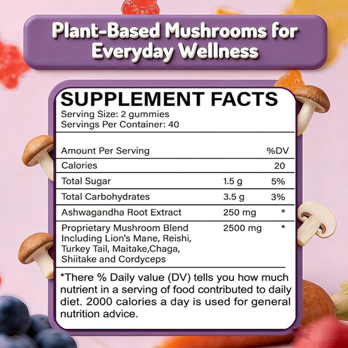 Mushroom Gummies, Organic & Functional Mushroom Gummies, Glow Fare Mushroom Gummies, Supplement for ImmuneDefense, Immune, Boosts Cognitive Performance and Energy, 80 Gummies (1PCS)