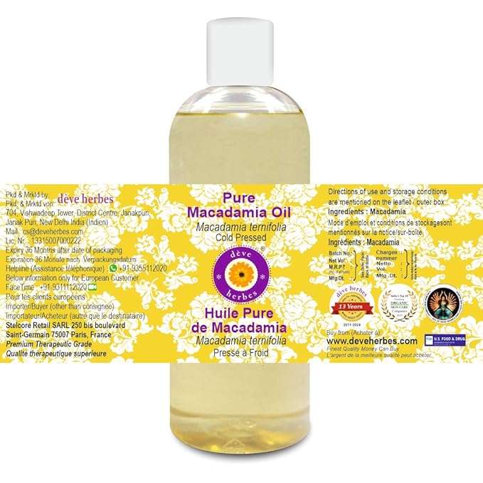 dève herbes Pure Macadamia Oil (Macadamia ternifolia) Cold Pressed 200ml (6.76 oz)