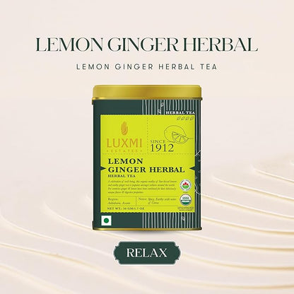 Luxmi Estates Lemon Ginger Root | Certified Organic Herbal Tea | Citrus Flavor & Aroma | Lemon Peel, Ginger, Lemongrass, Licorice | 50g/1.76oz