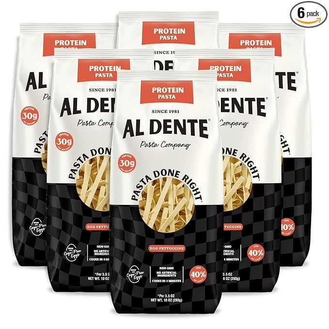 Al Dente Protein Pasta Egg Fettuccine – 30g High Protein, Lower Carb, High Fiber. Artisanal Flavor: Cage-Free Eggs & Semolina. Keto and Point-Based Diet-Friendly. 10oz Bags (Pack of 6)
