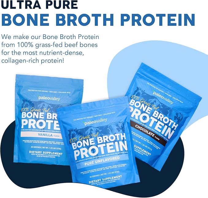Paleovalley 100% Grass Fed Beef Bone Broth Protein Powder - Rich in Collagen Peptides for Hair, Skin, Gut Health, Bone and Joint Support - 13g Protein Per Serving - No Gluten or GMOs - Chocolate