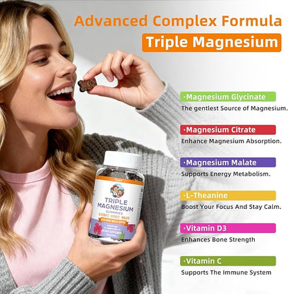 Magnesium Glycinate Gummies 200mg, Triple Magnesium Citrate Sleep Gummies for Adults & Kids, Sugar Free, Supplement for Stress Relief, Lemon Flavor, 60 Count