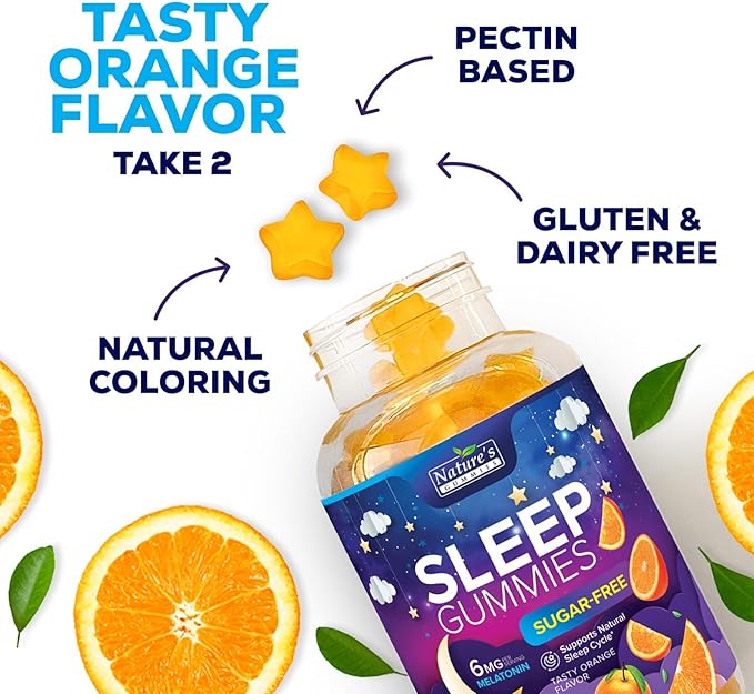 Sleep Gummies 6mg Per Serving - Sugar Free Melatonin Gummy Supplement for Adults - Natural Zero Sugar Sleeping Gummy for Adults & Kids, Orange Flavored, Extra Strength Sleep Support - 60 Count