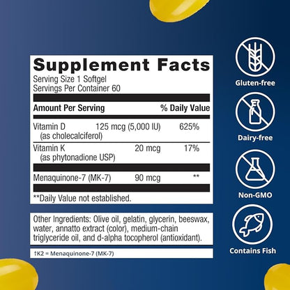 Metagenics Vitamin D3 + K - for Artery Health, Immune Support, Bone & Heart Health* - Vitamin D with MK-7 (Vitamin K2) - Non-GMO - Gluten-Free - 60 Softgels - 5,000 IU