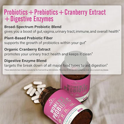 Women's Probiotic, 120 Billion & 32 Strains with Cranberry, Prebiotics & Digestive Enzymes, Gut, Vaginal & Urinary Tract Support, 30 Delayed Release Capsules