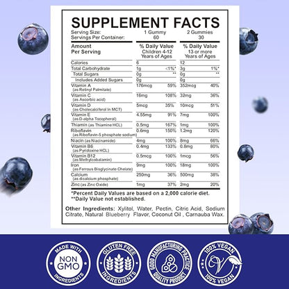 with Calcium, Zinc, Kids Multivitamin with Iron Gummies - Immune Support, Blood Builder & Energy Support for Iron Deficiency, Anemia, Vegan - 60 Gummies Blueberry Flavor
