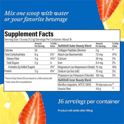 BelliWelli Fiber Supplement for Women & Men Premium Daily Fiber Powder from Organic Acacia with Added Collagen Electrolytes & Probiotics No Bloat Constipation & Gut Health Support(Strawberry Lemonade)