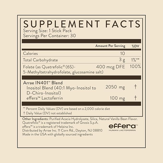 Arrae Inositol Supplement for Women - Supports Healthy Hormonal Balance, Regular Cycles, & Ovarian Health - 40:1 Myo & D-Chiro Raton with Lactoferrin & Folate - Vanilla Flavor - 30 Pack