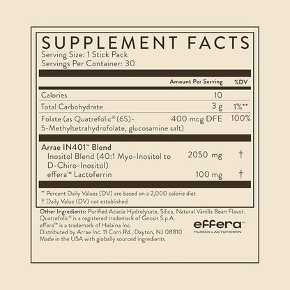 Arrae Inositol Supplement for Women - Supports Healthy Hormonal Balance, Regular Cycles, & Ovarian Health - 40:1 Myo & D-Chiro Raton with Lactoferrin & Folate - Vanilla Flavor - 30 Pack