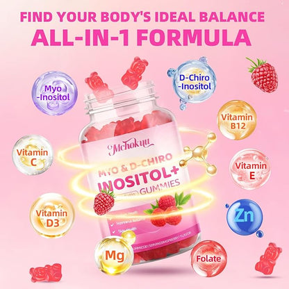 Myo-Inositol & D-Chiro Inositol Gummies, Ideal 40:1 Ratio Supplement for Women with Vitamin D3 & B12 for Support Hormonal Balance & Wellness, Sugar Free, Raspberry, 60 Count
