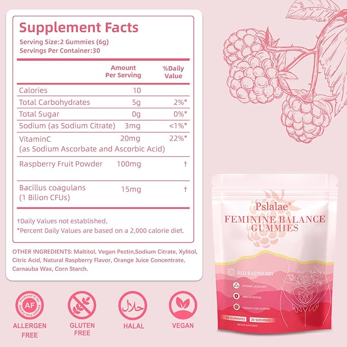 Premium Feminine Balance Gummies for Women – Raspberry Flavor – pH Balance, Immune & Digestive Support – Vegan, Gluten-Free – 60 Gummies (30-Day Supply)