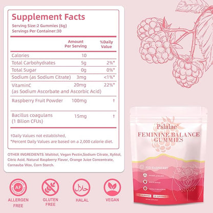 Premium Feminine Balance Gummies for Women – Raspberry Flavor – pH Balance, Immune & Digestive Support – Vegan, Gluten-Free – 60 Gummies (30-Day Supply)