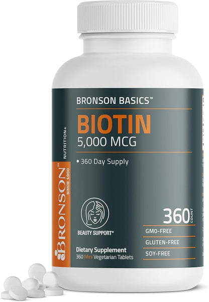 Bronson Biotin 5,000 MCG Supports Healthy Hair, Skin & Nails & Energy Production - High Potency Beauty Support - Non-GMO, 360 Vegetarian Tablets