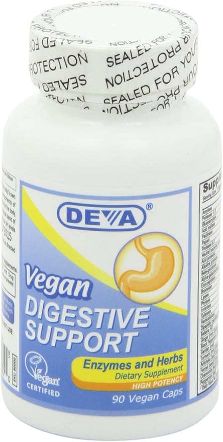 DEVA Vegan Vitamins Digestive Enzymes Plus Supplement - A Unique Blend of Enzymes & Herbs - 90 Capsules, 1-Pack