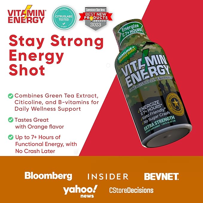 Vitamin Energy Immune+ Extra Strength Energy Shot Army Orange 10 Pack, 260mg Natural Caffeine, B-Vitamins, Citicoline, Green Tea, Immunity & Focus Support, Zero Sugar, Gluten-Free 1.93 fl oz