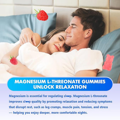 1000mg Magnesium L-Threonate Gummies for Kids & Adults - Muscle & Nervous System Support, Vegan, Sugar-Free Raspberry Flavor, 60 Gummies