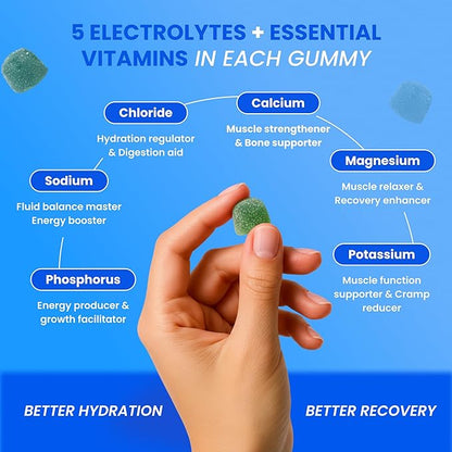 Day One Electrogummies - 60pcs of Blue Raspberry Flavored Electrolyte Gummies for Hydration and Recovery - Packed with Essential Electrolytes Ideal for Workouts, Running, Hiking and More