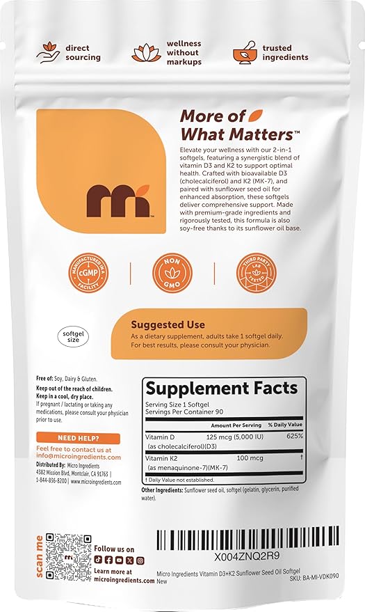 Micro Ingredients Vitamin D3 5,000 IU + K2 MK-7 100 mcg Per Serving, 90 Softgels | 2-in-1 D3 K2 Supplement | Easy-to-Swallow, Non-GMO, Gluten Free