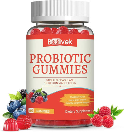 Probiotic Gummies 10 Billion CFU, Bacillus Coagulans for Digestive & Immune Support, Vegan, Non-GMO, Strawberry & Mixed Berry Flavor, 60 Count