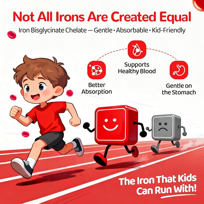 Iron Gummies for Kids & Teens, Kids Multivitamin with Iron Supplement, Vitamin B Complex, A, C, D3, Calcium, Zinc, DHA, Prebiotic, Blood Builder & Energy Support for Iron Deficiency, Vegan, 60 Ct