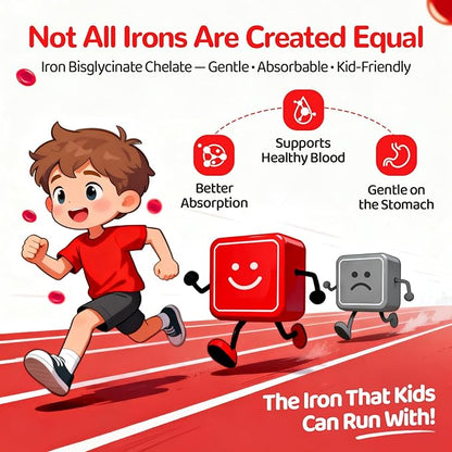 Iron Gummies for Kids & Teens, Kids Multivitamin with Iron Supplement, Vitamin B Complex, A, C, D3, Calcium, Zinc, DHA, Prebiotic, Blood Builder & Energy Support for Iron Deficiency, Vegan, 60 Ct