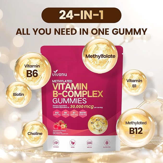 VivoNu Vitamin B Complex Gummies, 6000 mcg Methylated Vitamin B12, with B6 B1, B2, B3, B5, B7, Methylfolate, Vitamins A C D E, Vegan, Non GMO, Methylated B Complex Vitamin (4 Bag)