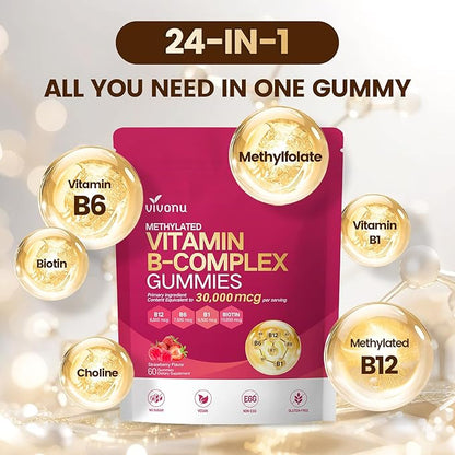 VivoNu Vitamin B Complex Gummies, 6000 mcg Methylated Vitamin B12, with B6 B1, B2, B3, B5, B7, Methylfolate, Vitamins A C D E, Vegan, Non GMO, Methylated B Complex Vitamin (2 Bag)