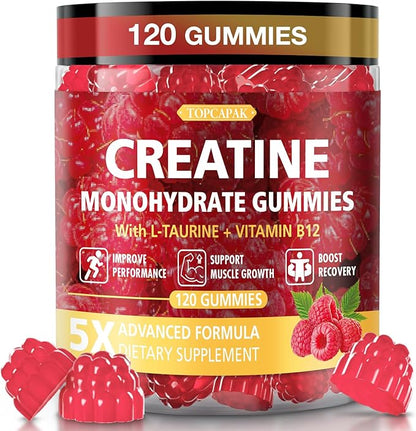Creatine Gummies for Men & Women - Chewable Creatine Gummy with Taurine & Vitamin B12, 5g Creatine Monohydrate per Serving, 120 Gummies - Raspberry Flavor, Raspberry-Shaped
