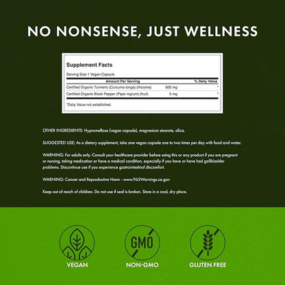 Swanson Organic Turmeric & Black Pepper Joint Health Supplement for Active Adults Seeking Anti-Inflammatory Support with Enhanced Bioavailability (60 Vegan Capsules, 3 Pack)