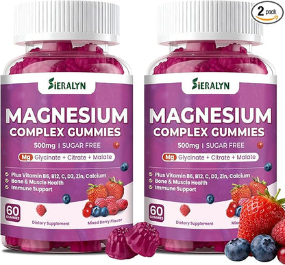 Magnesium Complex Gummies 500mg - Magnesium Glycinate, Citrate, Malate with Vitamin D3, C, B6, B12, Zinc & Calcium, Magnesium Supplement Chewable Support Calm, Muscle, Mood - Vegan 120 Counts