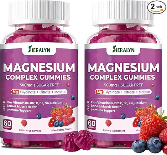 Magnesium Complex Gummies 500mg - Magnesium Glycinate, Citrate, Malate with Vitamin D3, C, B6, B12, Zinc & Calcium, Magnesium Supplement Chewable Support Calm, Muscle, Mood - Vegan 120 Counts
