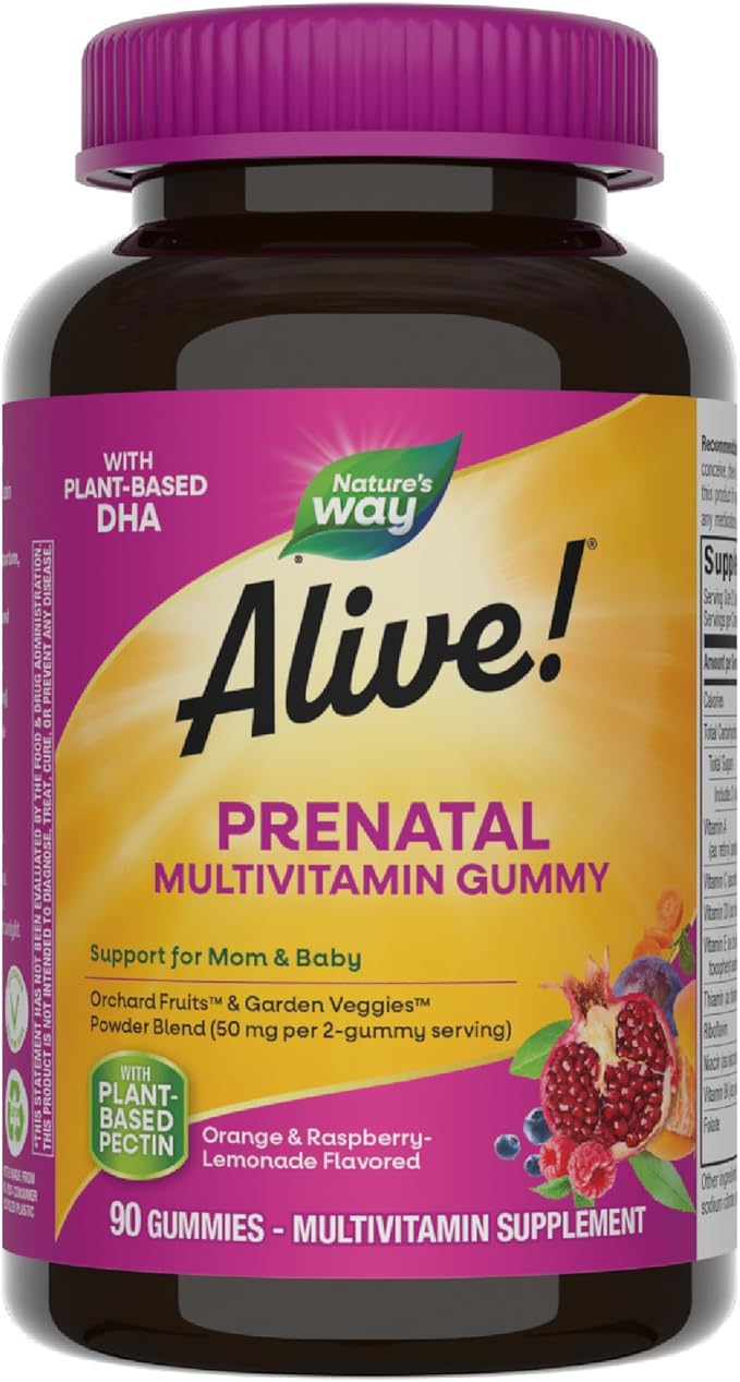 Nature’s Way Alive! Gummy Prenatal Vitamins, Prenatal Multivitamin Supplement with Plant-Based DHA for Brain & Eye Development*, Vegetarian Orange Raspberry Lemonade Flavored, 90 Gummies