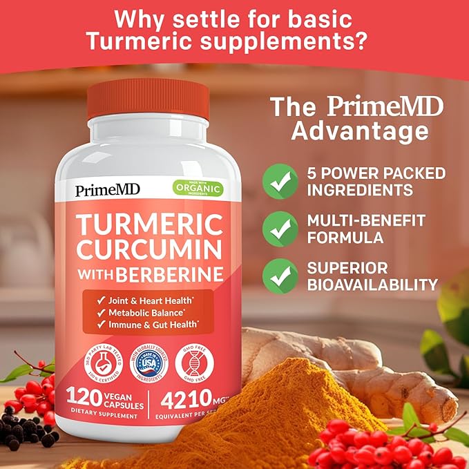 5-in-1 Organic Turmeric Curcumin Supplement (4210mg) with Berberine, Ceylon Cinnamon Bioperine and Ginger Supplements for Joint, Heart, Gut, & Metabolic Support (60 Servings) (Pack of 4)