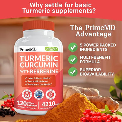 5-in-1 Organic Turmeric Curcumin Supplement (4210mg) with Berberine, Ceylon Cinnamon Bioperine and Ginger Supplements for Joint, Heart, Gut, & Metabolic Support (60 Servings) (Pack of 3)