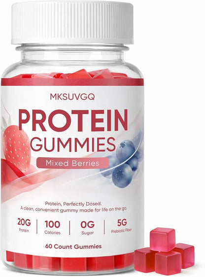 Protein Gummies,20g Protein Per Bottle, Sugar-Free, Mixed Berry Flavor, Low Calorie Vegan Protein Snack, Gluten & Soy Free, On-The-Go Nutrition,60 Gummies (red)