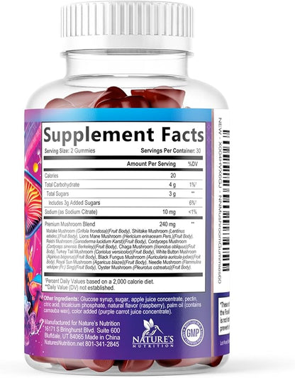Mushroom Gummies Supplement 12 in 1 - High Grade Blend for Adults with Lions Mane, Reishi, Cordyceps, & Chaga Mushroom Complex Gummy, Memory & Immune Support & Nootropic Brain Supplements - 60 Gummies