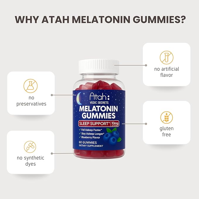 Atah Melatonin Gummies 10mg for Adults | Blueberry Flavor Sleep Support Gummies – Melatonin Supplements, Non-GMO, Gluten Free, Non-Habit Forming – 60 Gummies