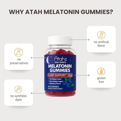 Atah Melatonin Gummies 10mg for Adults | Blueberry Flavor Sleep Support Gummies – Melatonin Supplements, Non-GMO, Gluten Free, Non-Habit Forming – 60 Gummies