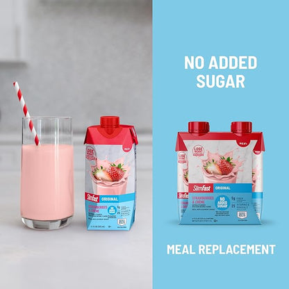 SlimFast Meal Replacement Shake, Original Strawberries & Crème, No Added Sugar, Meal Replacement Shakes, 10g Ready to Drink Protein, 5g Fiber, 25 Vitamins and Minerals, 11 Fl. Oz, 12 Count (Pack of 2)