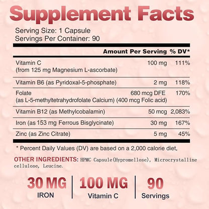 Iron Bisglycinate 30 mg with Vitamin C - High Absorption Iron Supplements for Anemia, Energy & Healthy Red Blood Cells - Gentle on Stomach, Non-Constipating, Non-GMO - 90 Vegan Capsules