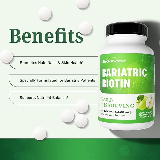 BioSchwartz Bariatric Biotin Chewable Tablets - 5500mcg Biotin per Serving - Green Apple Flavor, 3 Month Supply - Sugar-Free Hair Skin Nails Vitamins for Women for Post-Bariatric Care - 90 Servings