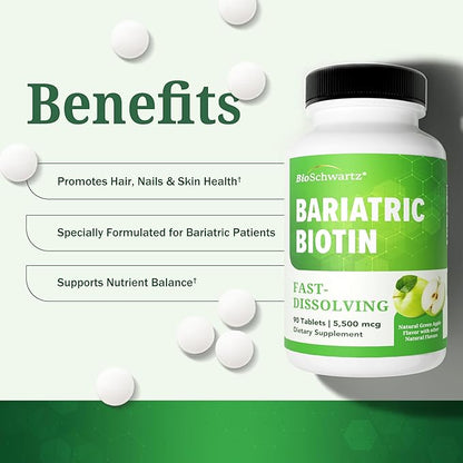 BioSchwartz Bariatric Biotin Chewable Tablets - 5500mcg Biotin per Serving - Green Apple Flavor, 3 Month Supply - Sugar-Free Hair Skin Nails Vitamins for Women for Post-Bariatric Care - 90 Servings