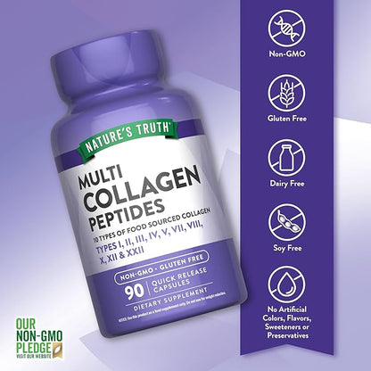 Nature's Truth Multi Collagen Peptides Capsules | Types I, II, III, IV, V, VII, VIII, X, XII & XXII | 2000 mg | 90 Count | Keto Friendly | Non-GMO and Gluten Free Supplement